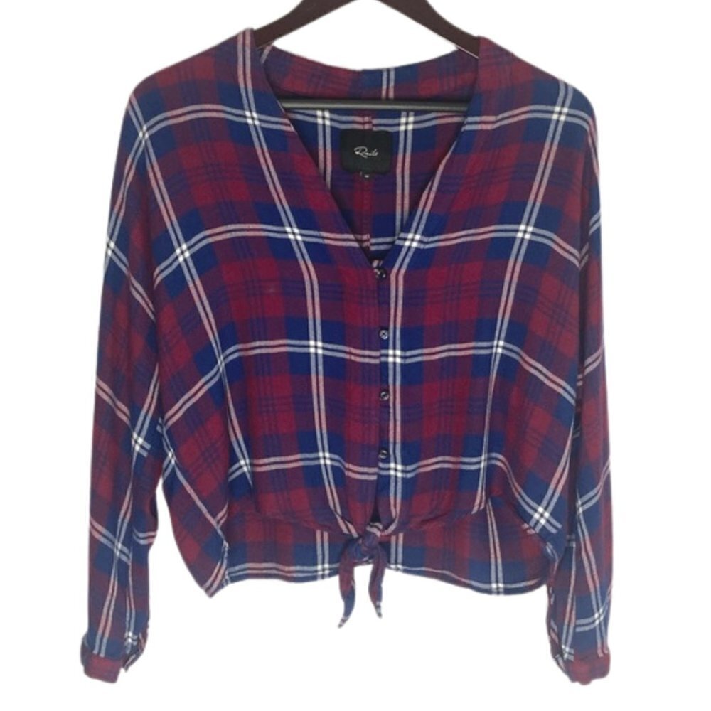 Rails Size Medium Sloane Red Blue Tie Front Cropped Long Sleeve Flannel Blouse